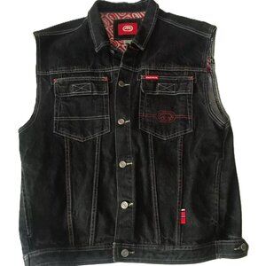 ECKO UNLIMITED Mens MEDIUM Trucker Button Down Denim Vest Black Gray Red Y2K